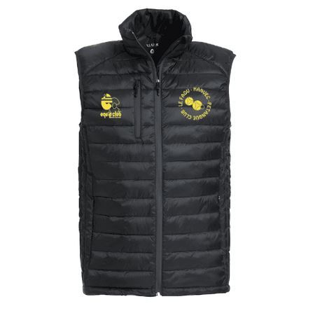 Doudoune sans manches noire à capuche avec logos jaunes sur la poitrine, vue de face.