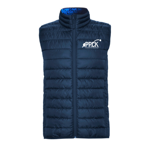 Doudoune sans manches bleu marine matelassée à col montant et logo blanc sur la poitrine