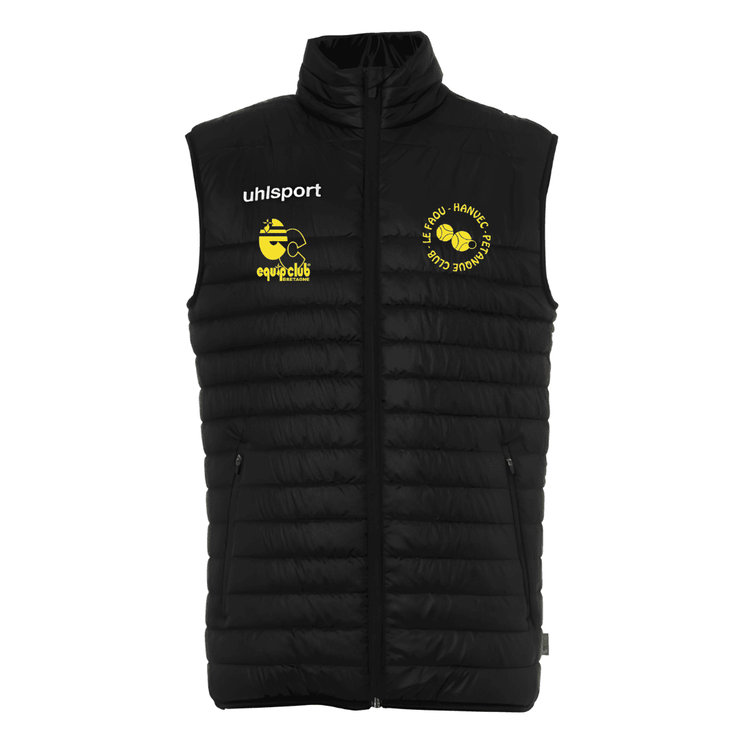 Doudoune sans manches noire matelassée à col montant et logos jaunes sur la poitrine