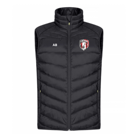 Gilet matelassé noir sans manches avec initiales blanches et logo en forme de crête rouge et blanche