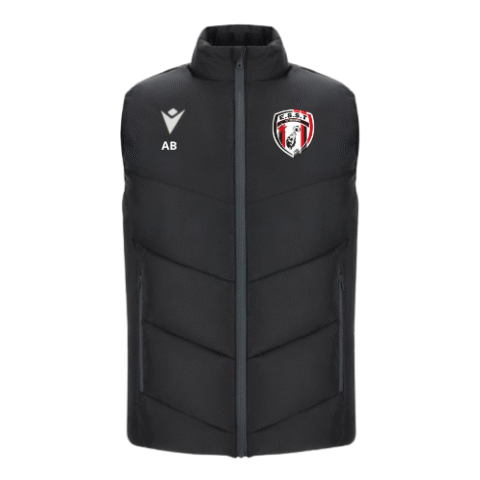 Doudoune sans manches noire zippée avec initiales blanches et écusson du club sur la poitrine