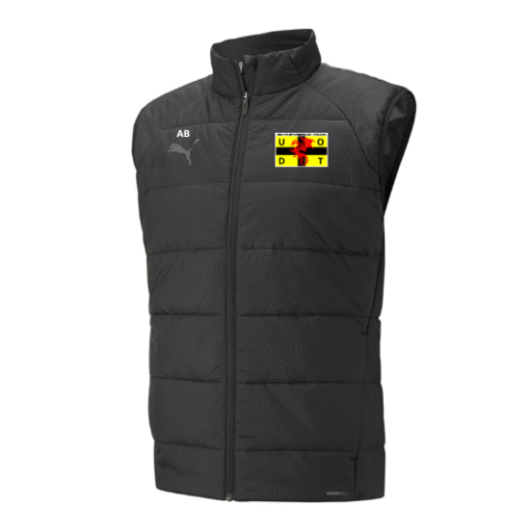 Gilet matelassé noir sans manches, à col montant et orné de petits écussons logo sur la poitrine.