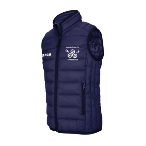 Doudoune sans manches bleu marine à capuche avec logo blanc sur la poitrine