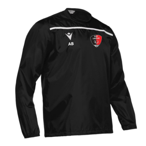 Haut de sport noir à manches longues avec bordures blanches, logo et initiales sur la poitrine