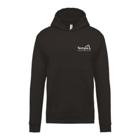 Sweat-shirt à capuche noir avec un petit logo blanc sur la poitrine, vue de face