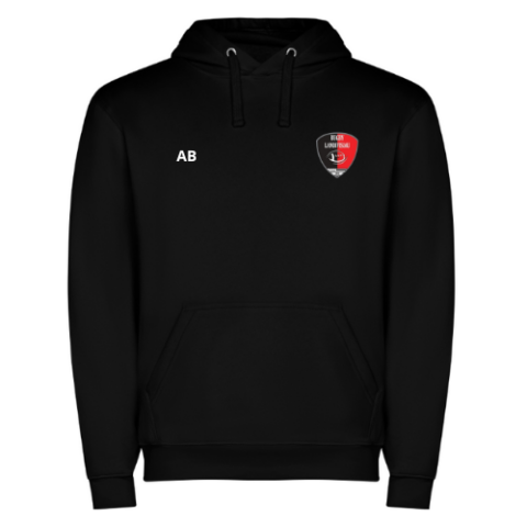 Sweat à capuche noir avec poche avant, cordons de serrage, inscription « AB » et logo rouge et noir sur la poitrine