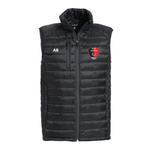 Doudoune noire sans manches à capuche, fermeture éclair et logo rouge sur la poitrine