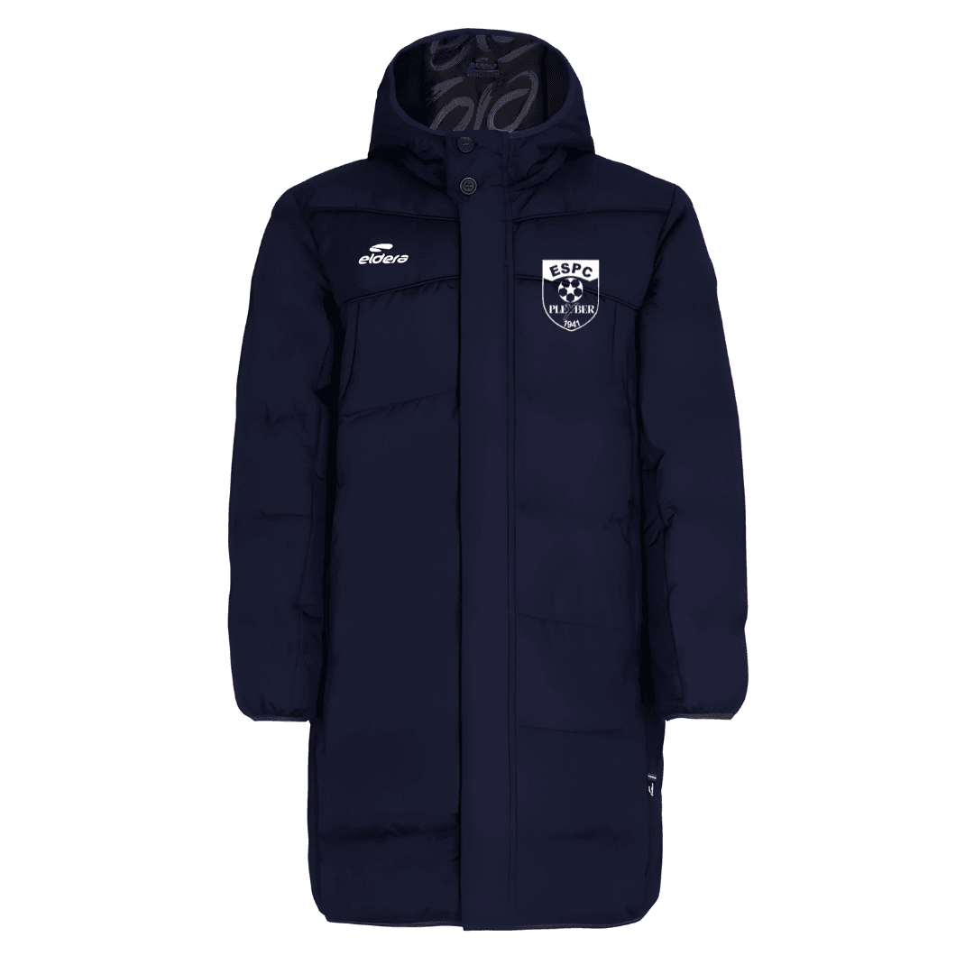 Doudoune bleu marine à capuche avec poches avant et logo blanc sur la poitrine