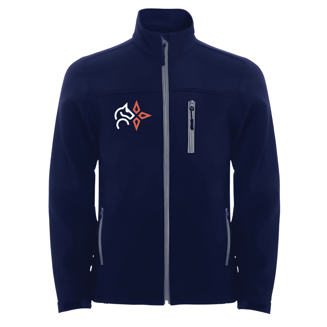 Veste zippée bleu marine avec logo blanc et orange et poches poitrine et latérales