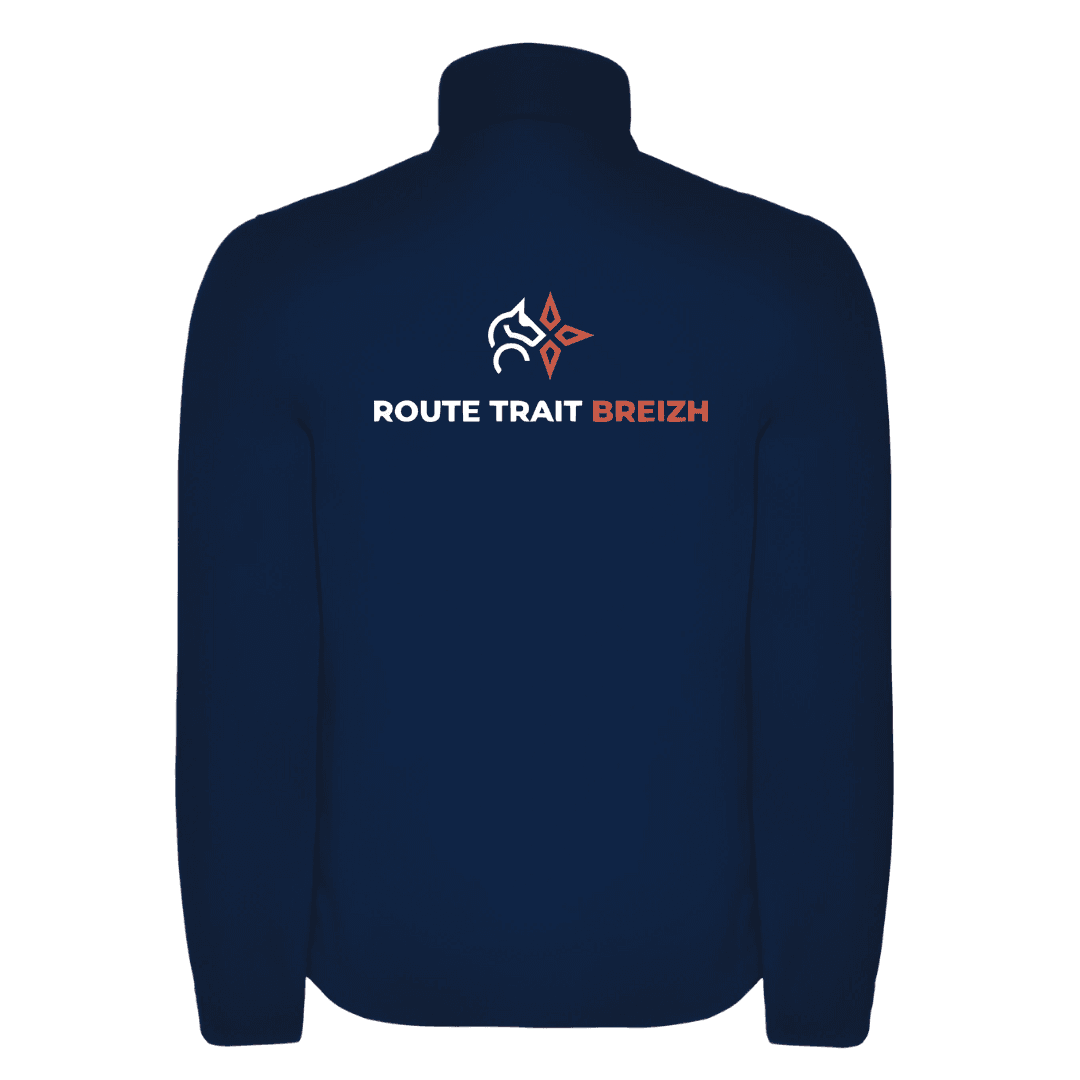 Veste zippée bleu marine avec logo blanc et orange et poches poitrine et latérales