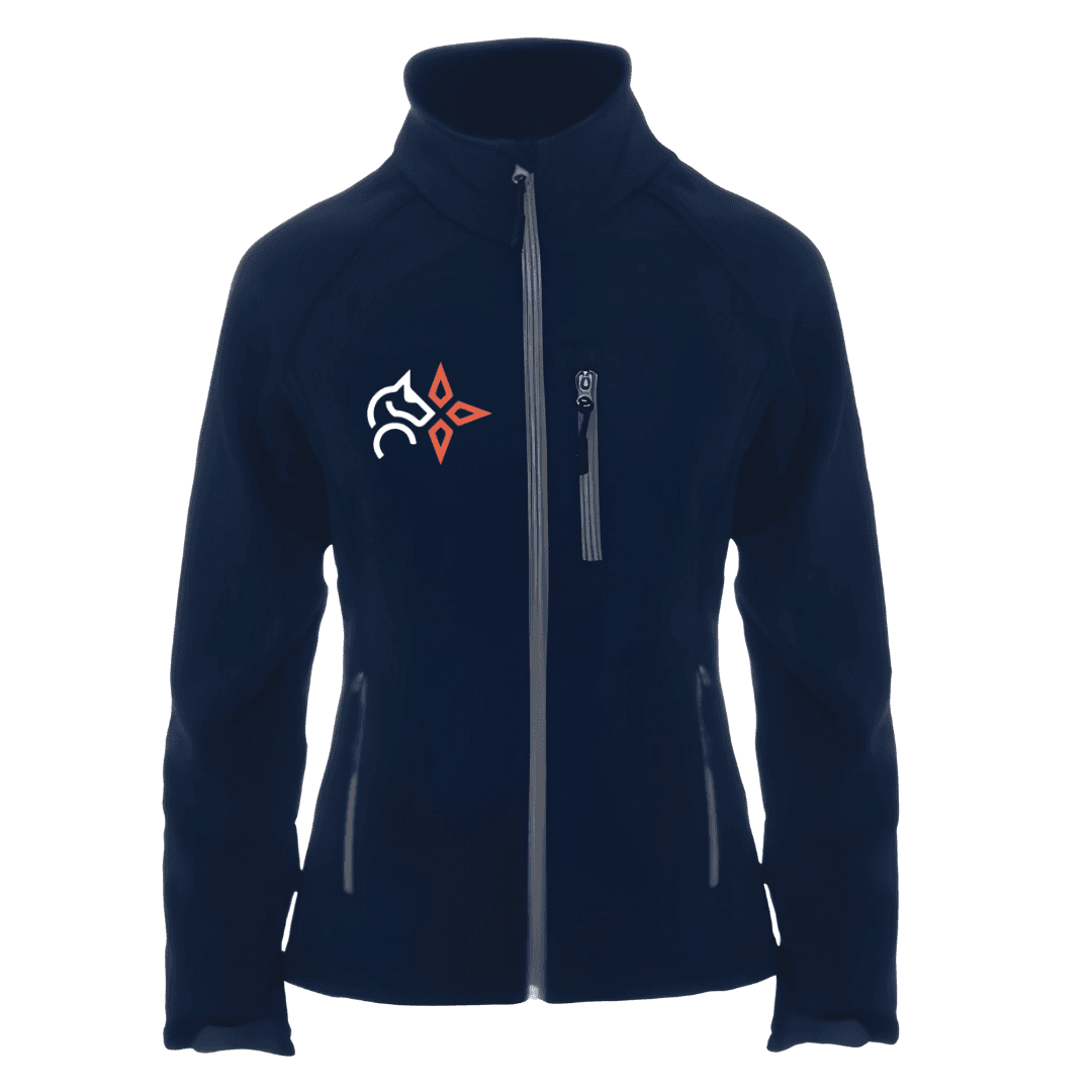 Veste zippée bleu marine à col montant, finitions blanches et logo orange sur la poitrine