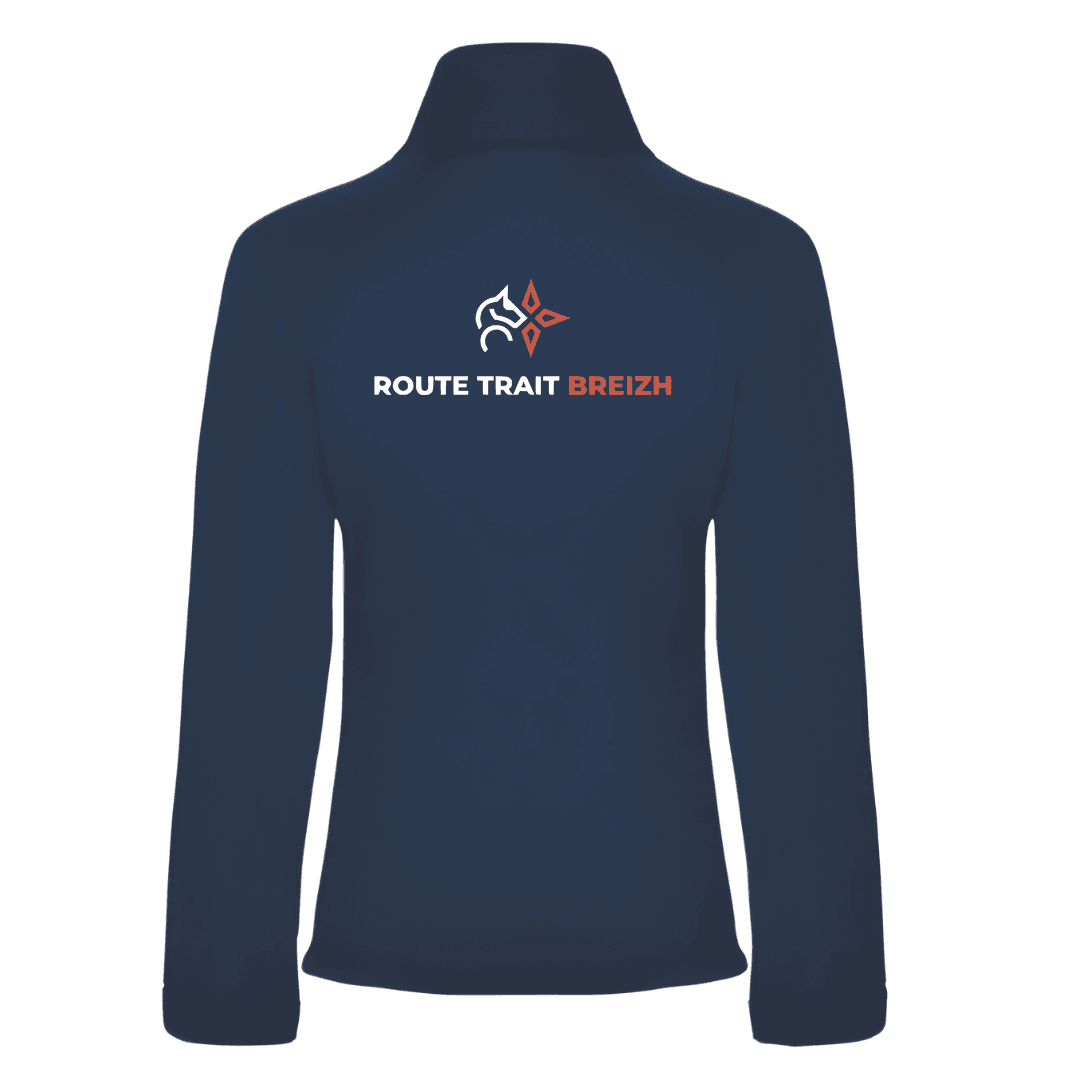 Veste zippée bleu marine à col montant, finitions blanches et logo orange sur la poitrine