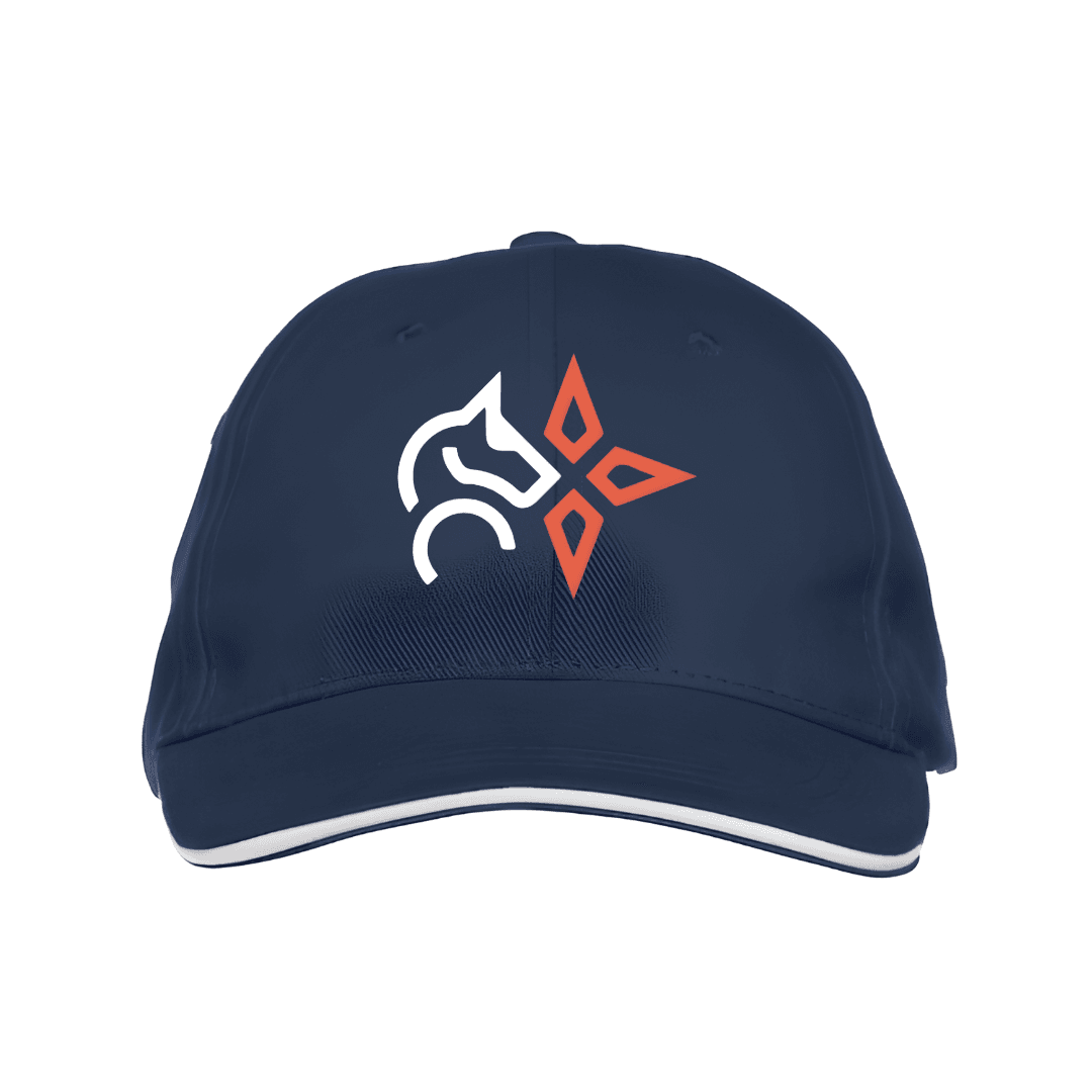 Casquette de baseball bleu marine avec un logo blanc et orange sur le devant
