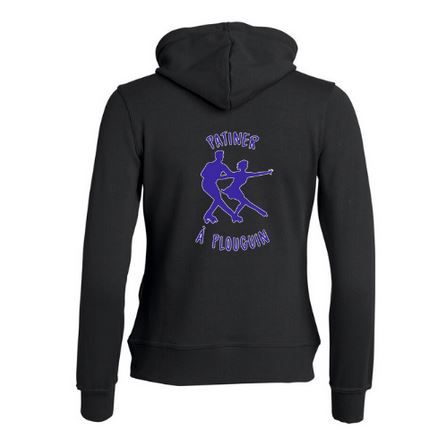 Sweat à capuche noir zippé avec un petit logo violet sur la poitrine