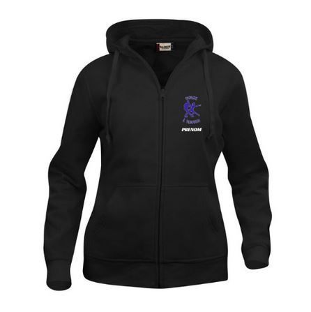 Sweat à capuche noir zippé avec un petit logo violet sur la poitrine