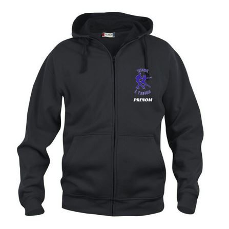 Sweat à capuche noir zippé avec petit motif violet sur la poitrine gauche