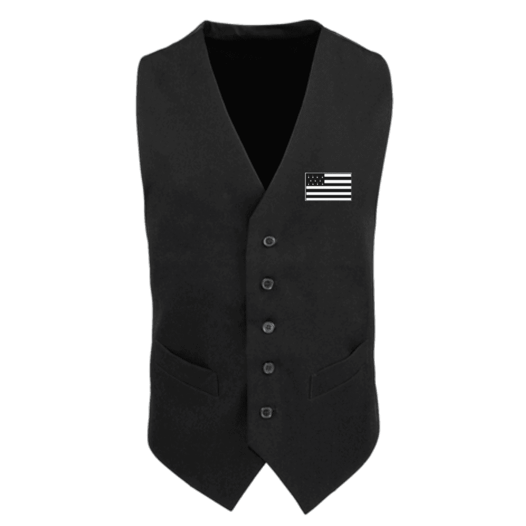 Gilet noir à boutons avec un petit écusson drapeau américain sur la poitrine