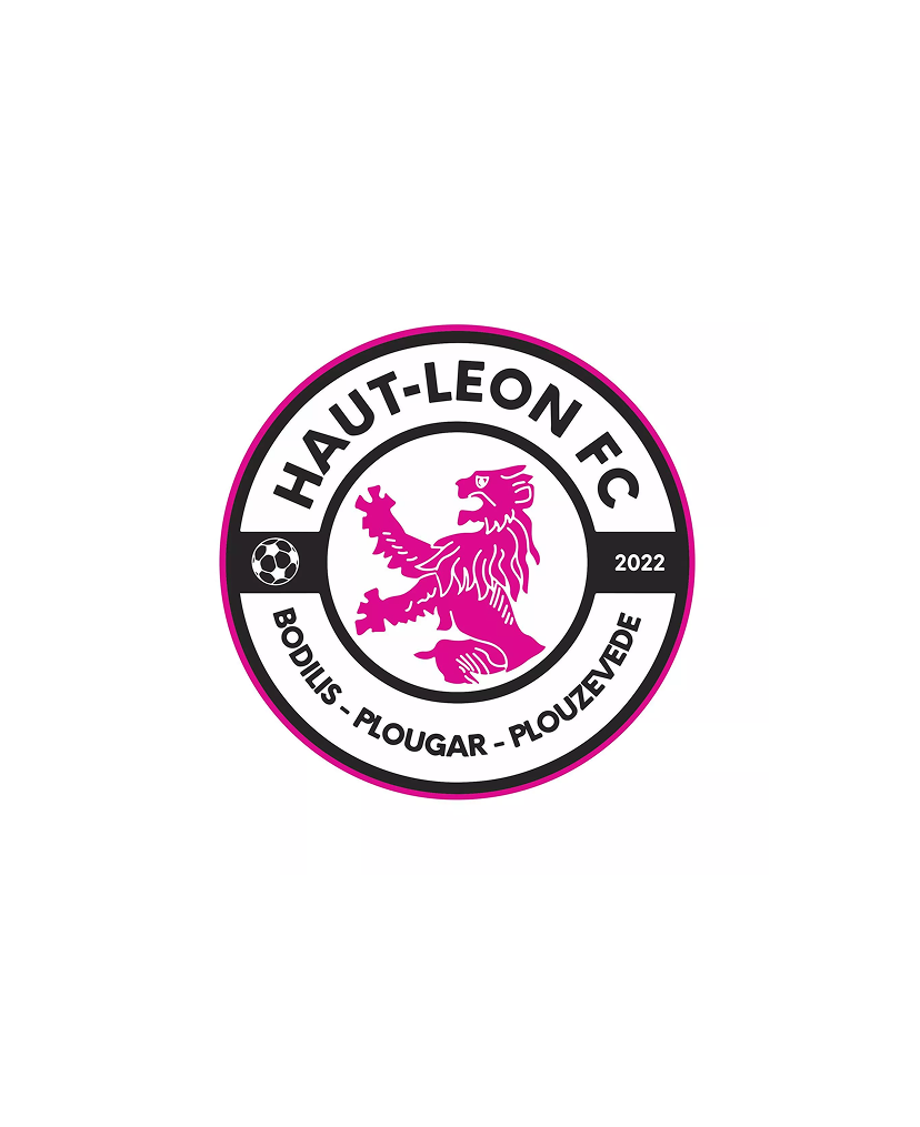 Logo circulaire du Haut-Léon FC représentant un lion rose et le texte « BODILIS - PLOUGAR - PLOUZEVEDE » sur fond blanc.
