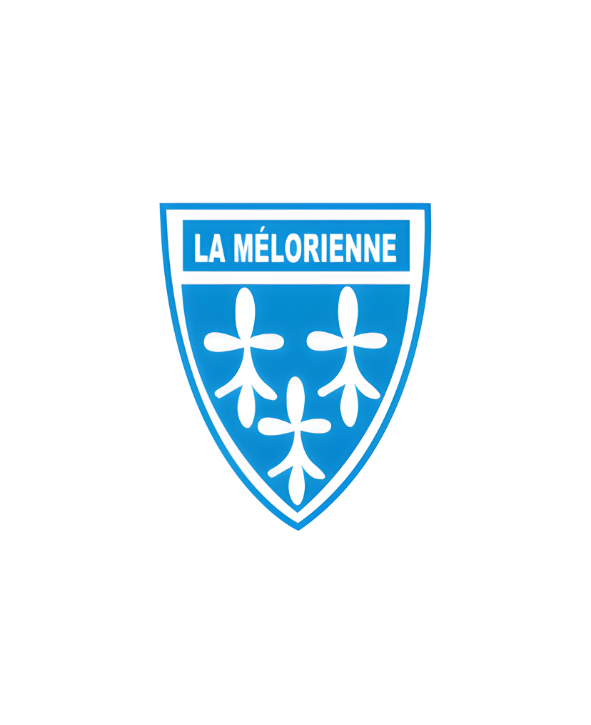 Un emblème en forme de bouclier bleu orné de trois taches blanches d'hermine et du texte « LA MÉLORIENNE » en blanc.