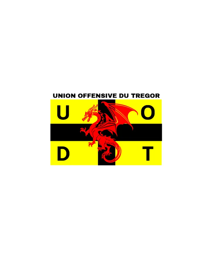 Logo de l'Union Offensive du Tregor comportant une croix noire sur fond jaune, un dragon rouge et les lettres U, O, D, T.