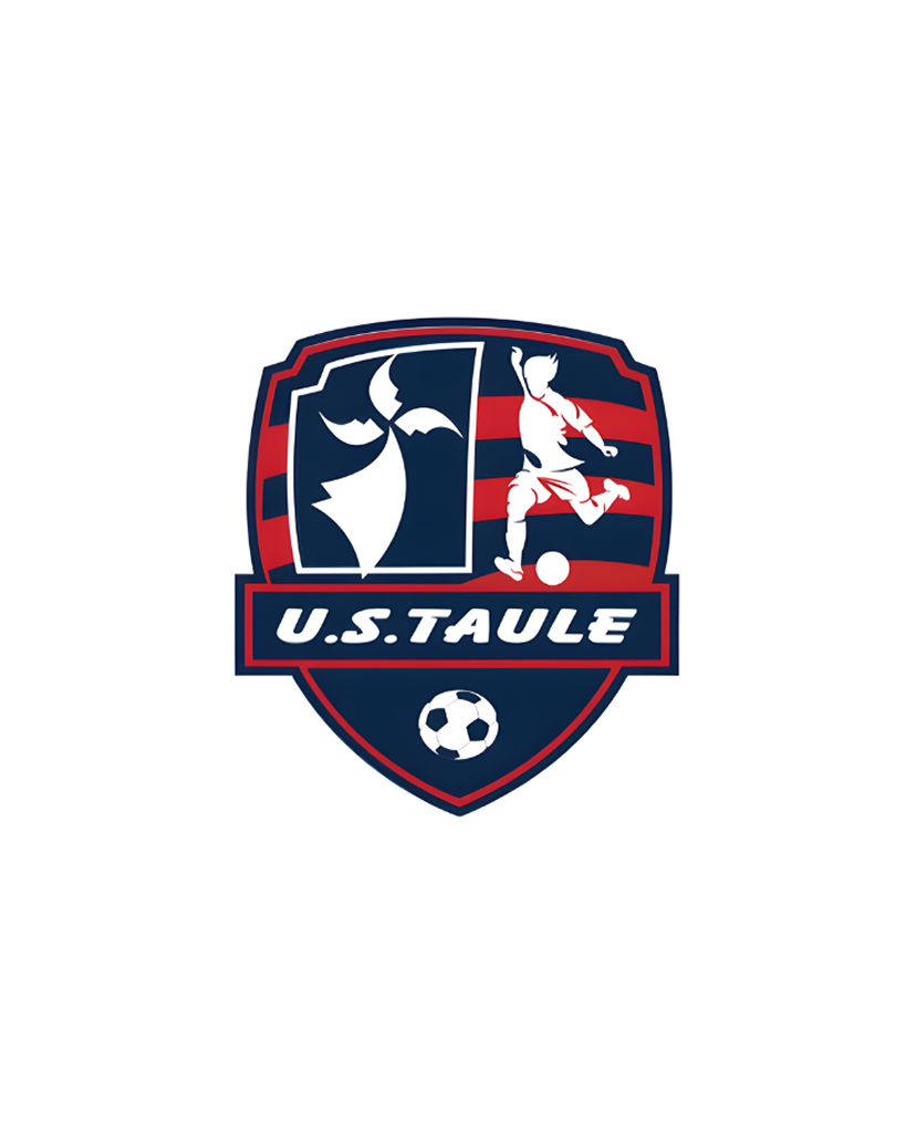 Un logo pour US Taule représentant un écusson bleu et rouge, un joueur de football donnant un coup de pied