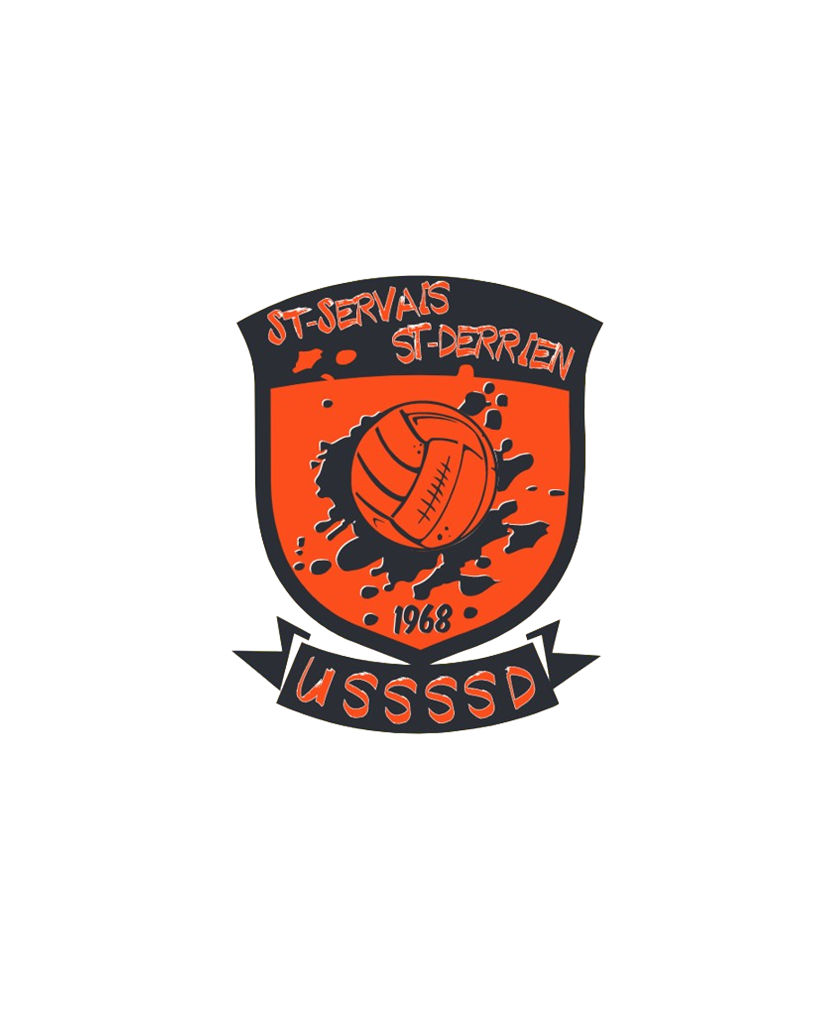 Logo orange et noir du club de football St-Servais St-Derrien, représentant un ballon de football, l'année 1968 et l'USSSSD.