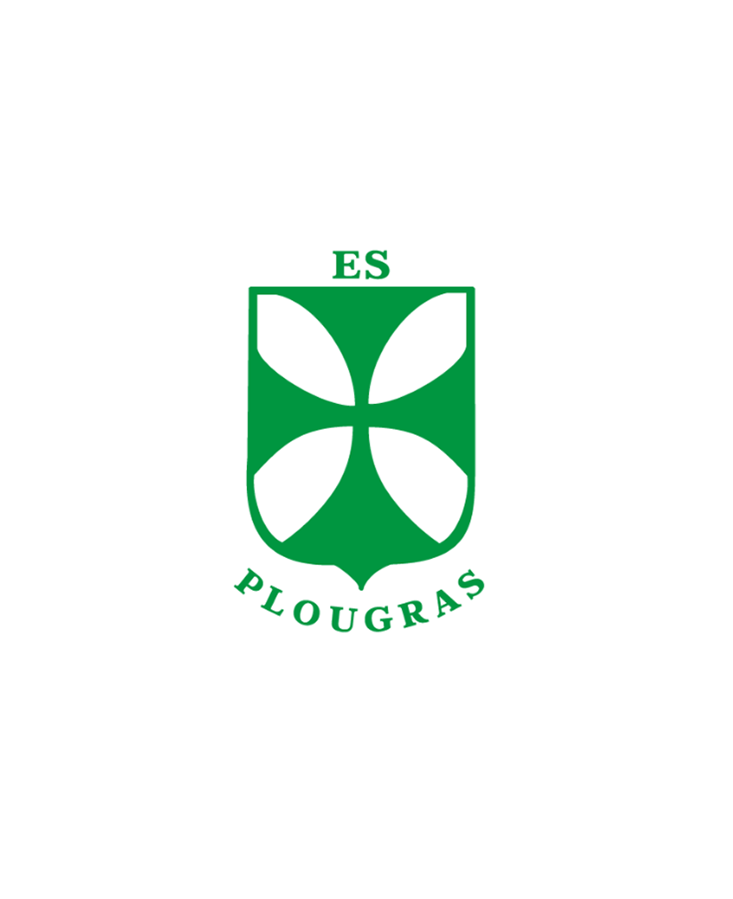 Emblème vert à quatre feuilles sur un écu, portant l'inscription « ES PLOUGRAS » en caractères verts sur fond blanc uni.