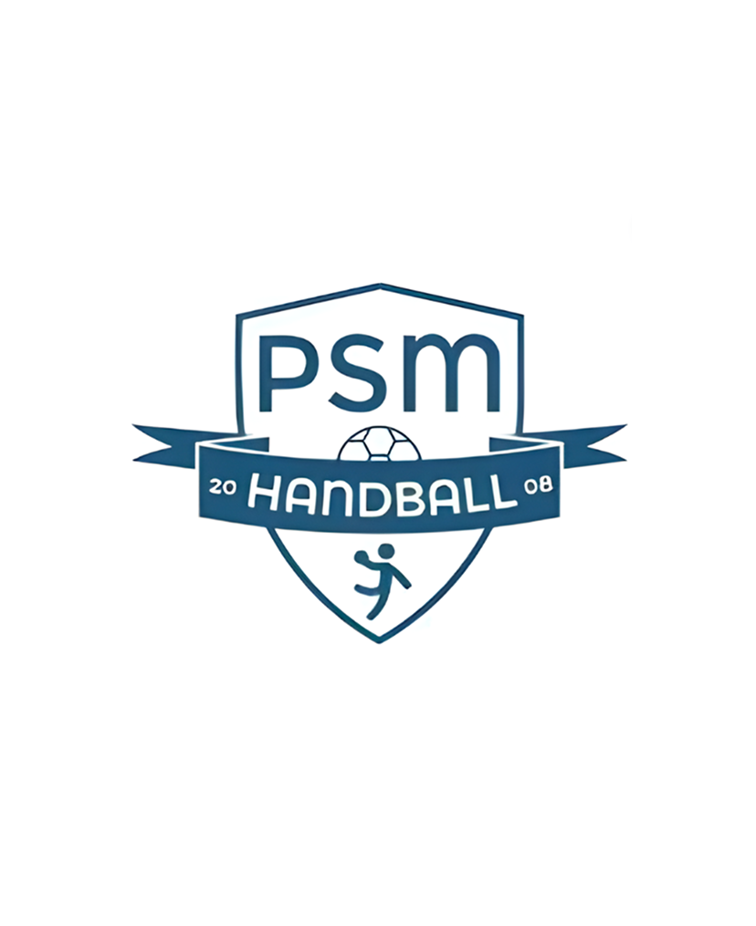 Un logo en forme de bouclier bleu et blanc pour PSM Handball, comportant le texte « PSM