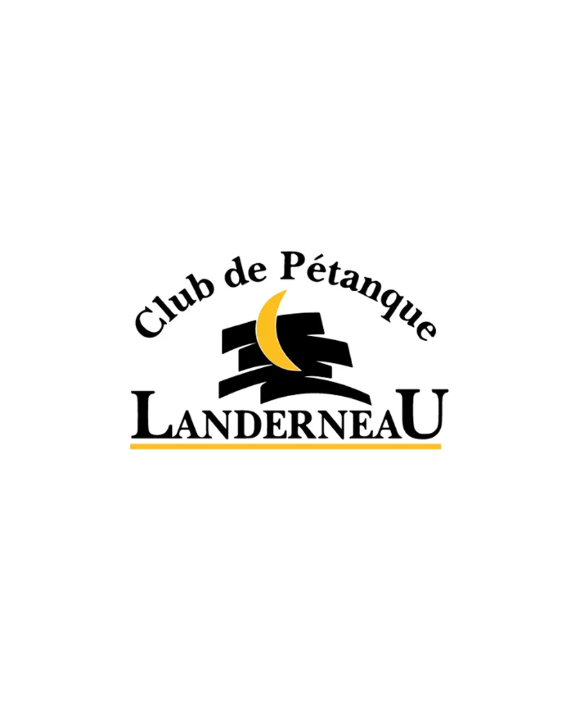 Logo du club de pétanque de Landerneau, représentant un croissant de lune jaune sur des formes abstraites noires et du texte.