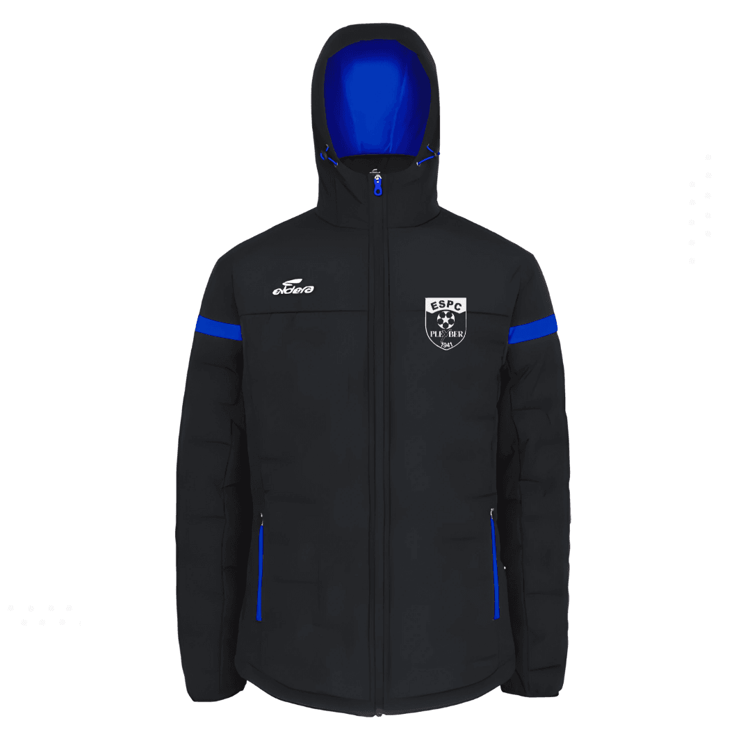 Veste d'hiver noire à capuche avec doublure et détails bleus, vue de face sur fond blanc