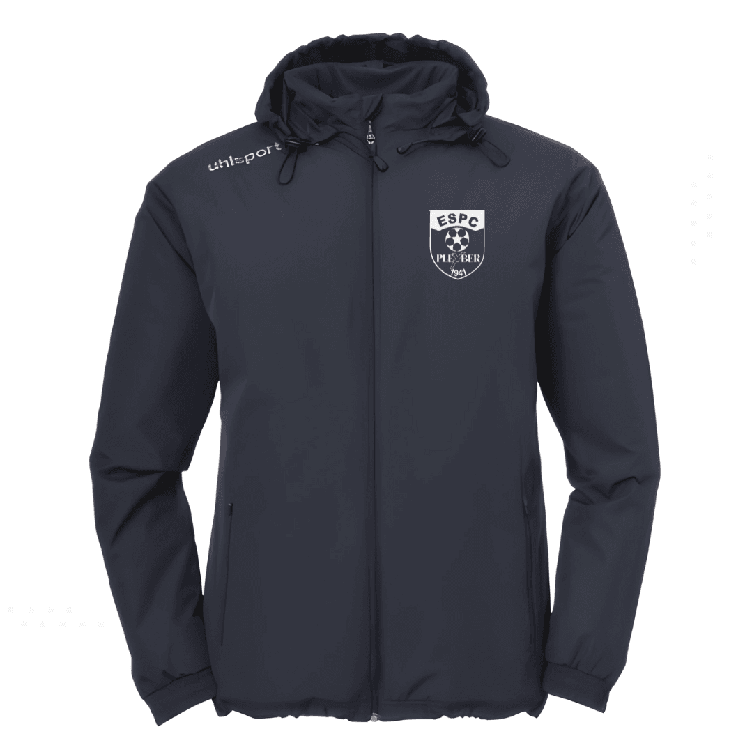 Veste zippée à capuche bleu marine foncé avec logo sur la poitrine et inscription blanche sur l'épaule