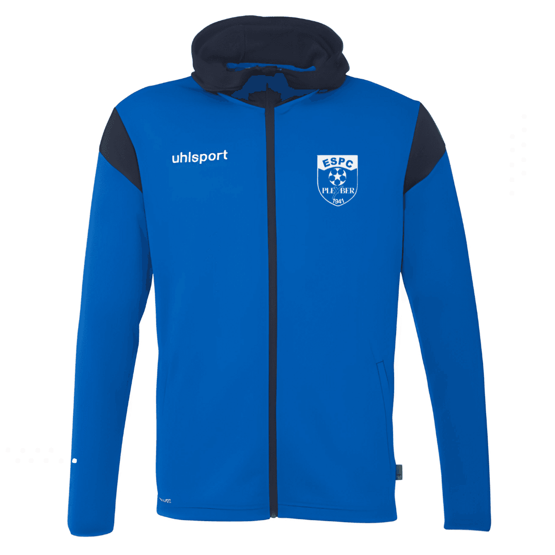 Veste de sport zippée bleue et noire à capuche avec logo de l'équipe sur la poitrine