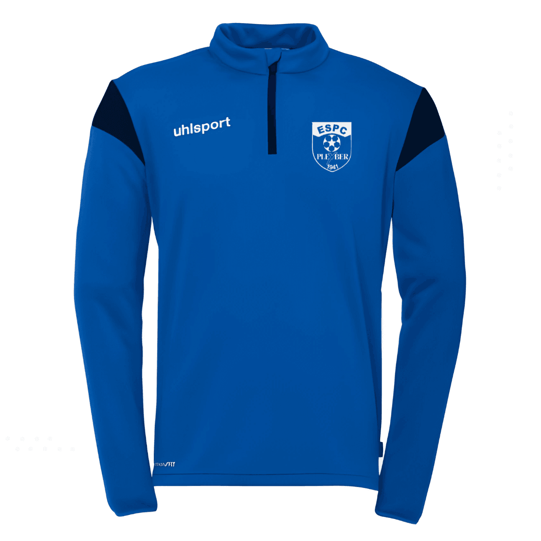 Haut de sport bleu à manches longues et fermeture éclair au quart, avec logo blanc sur la poitrine