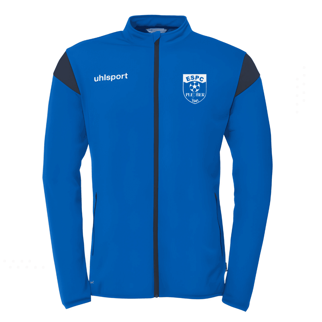 Veste de sport bleue zippée avec empiècements noirs aux épaules et logo blanc sur la poitrine.