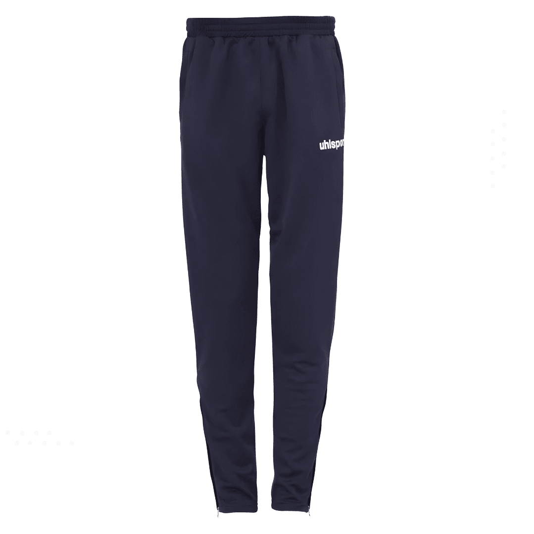 Pantalon de jogging de sport bleu marine avec un logo blanc sur le haut de la cuisse, présenté sur fond blanc.
