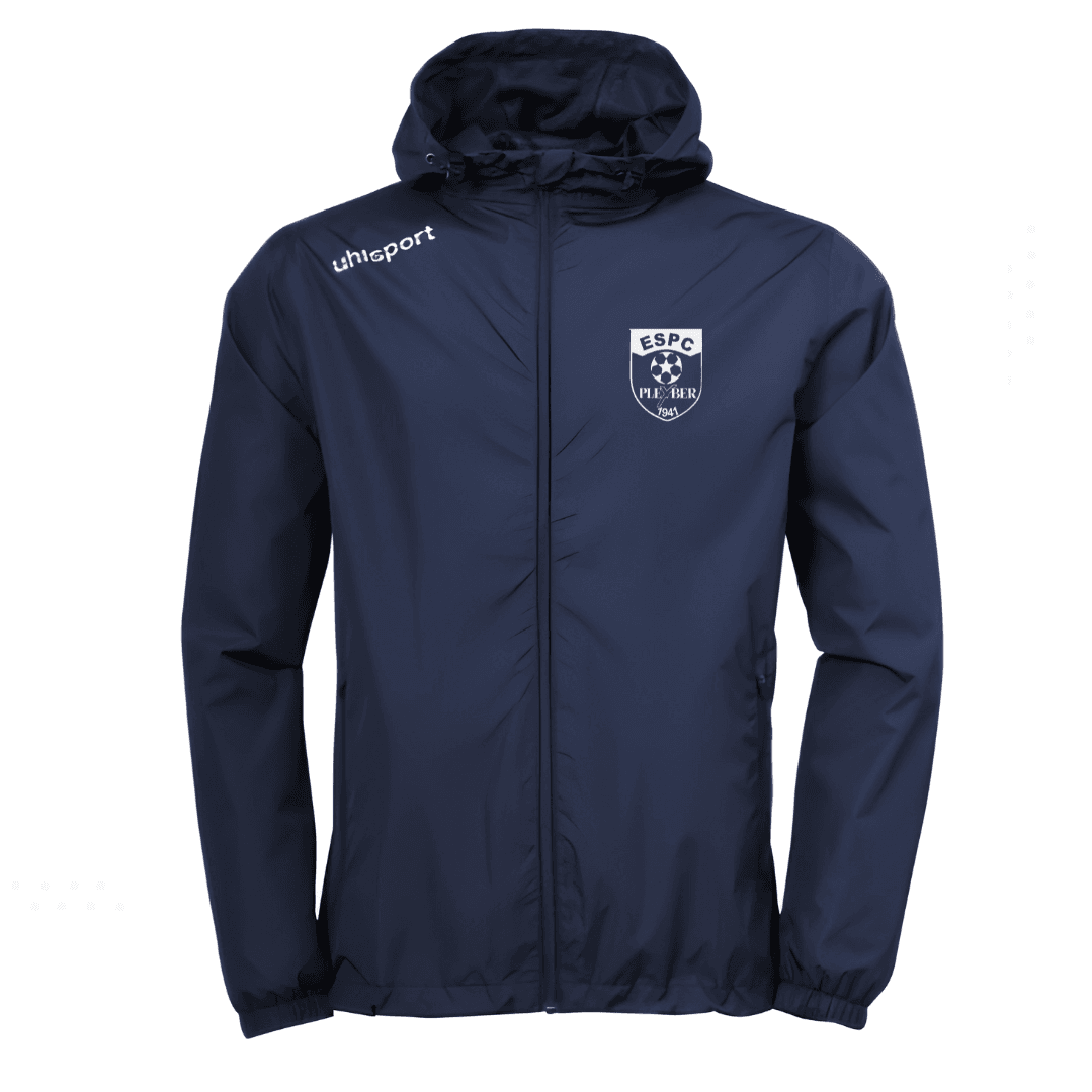 Veste zippée à capuche bleu marine avec logo blanc, vue de face sur fond blanc