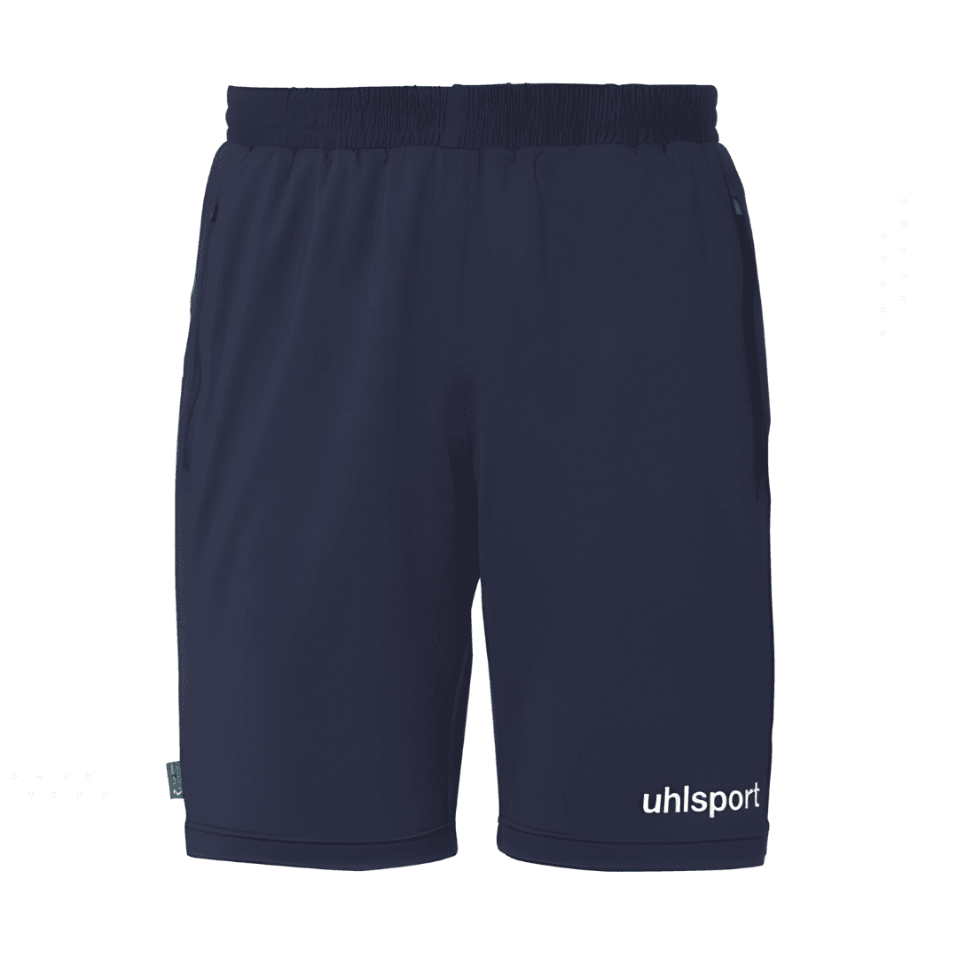 Short de sport bleu marine avec taille élastique et logo blanc