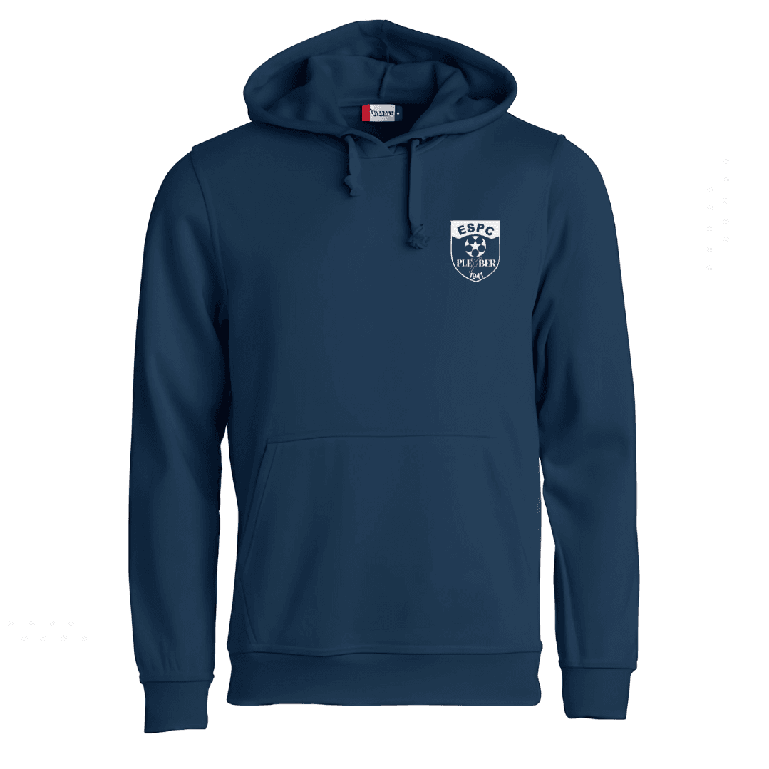 Sweat-shirt à capuche bleu marine avec cordons de serrage et petit logo blanc sur la poitrine.