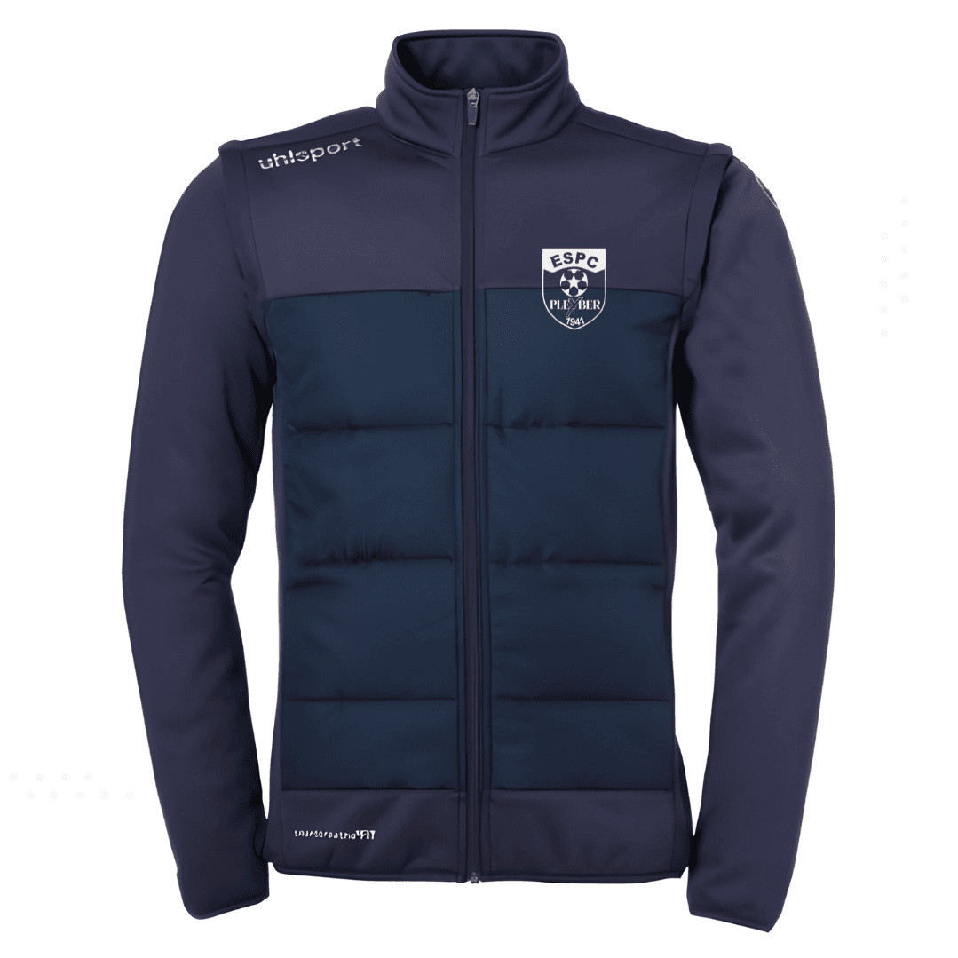 Veste zippée bleu marine et bleu foncé avec logo sur la poitrine