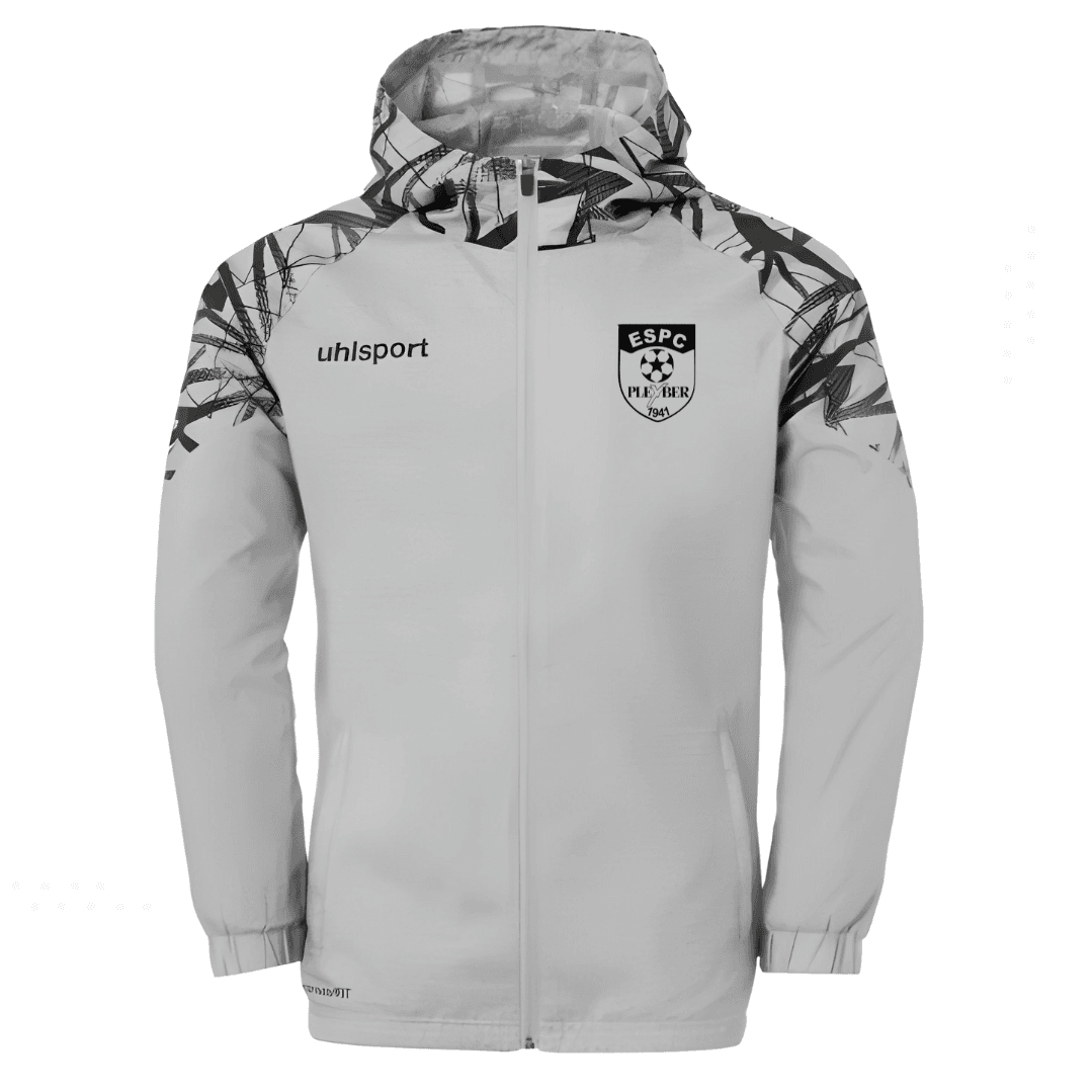 Veste de ski grise à capuche avec détails noirs et logos sur le devant, présentée sur fond blanc