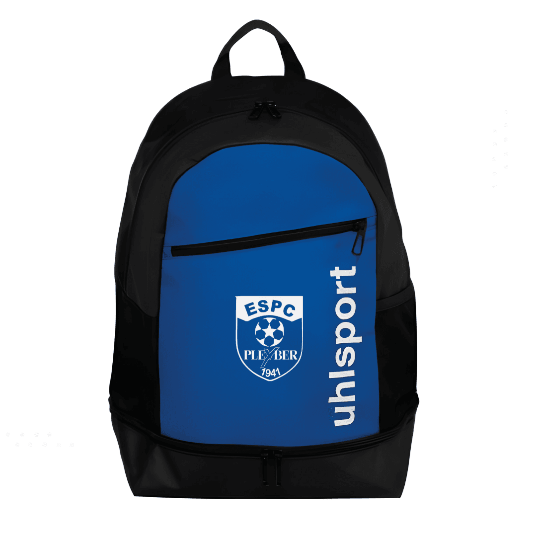 Sac à dos Unisport bleu et noir avec poche avant zippée et logo