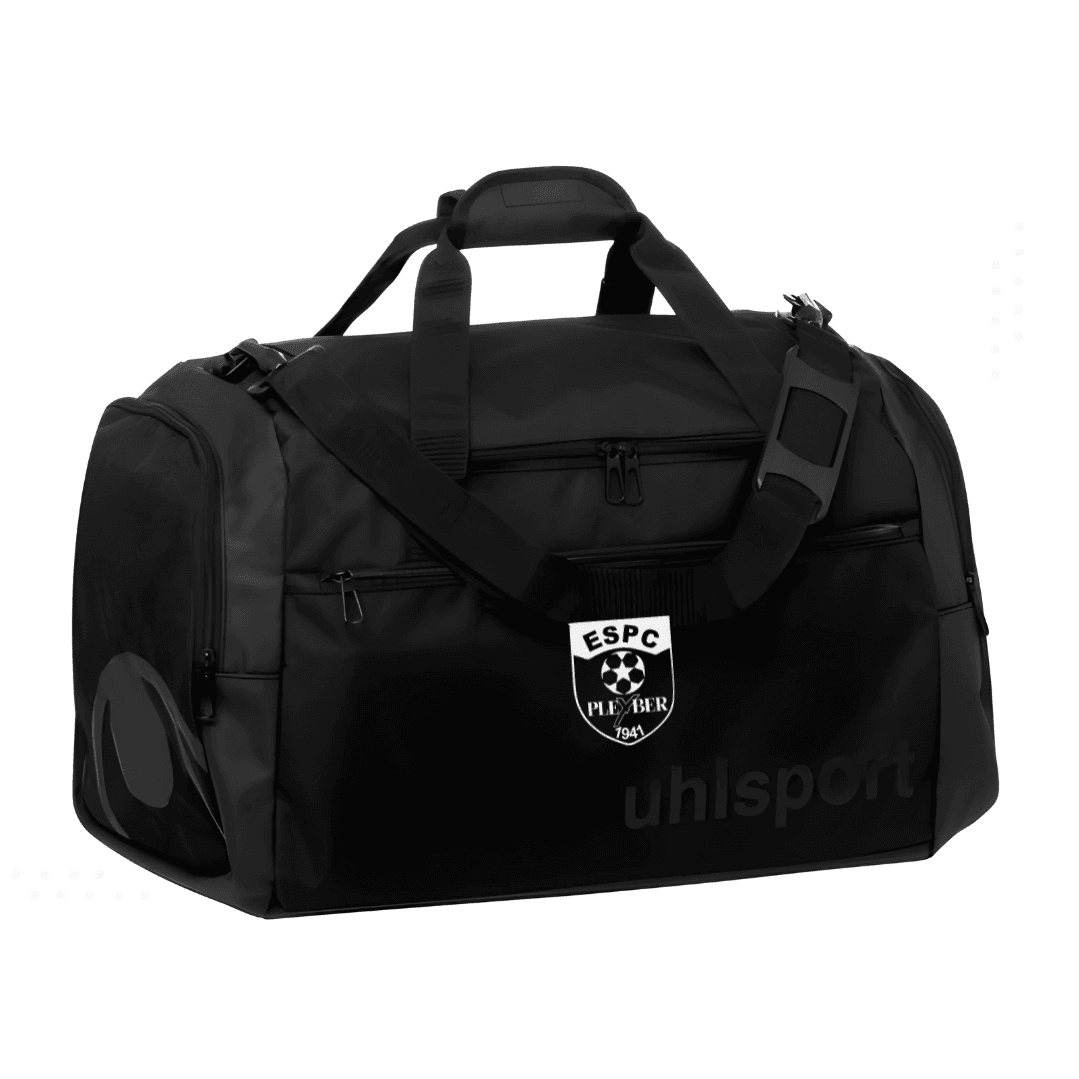 Sac de sport noir avec bandoulière, poches avant et logo en forme de blason sur fond blanc