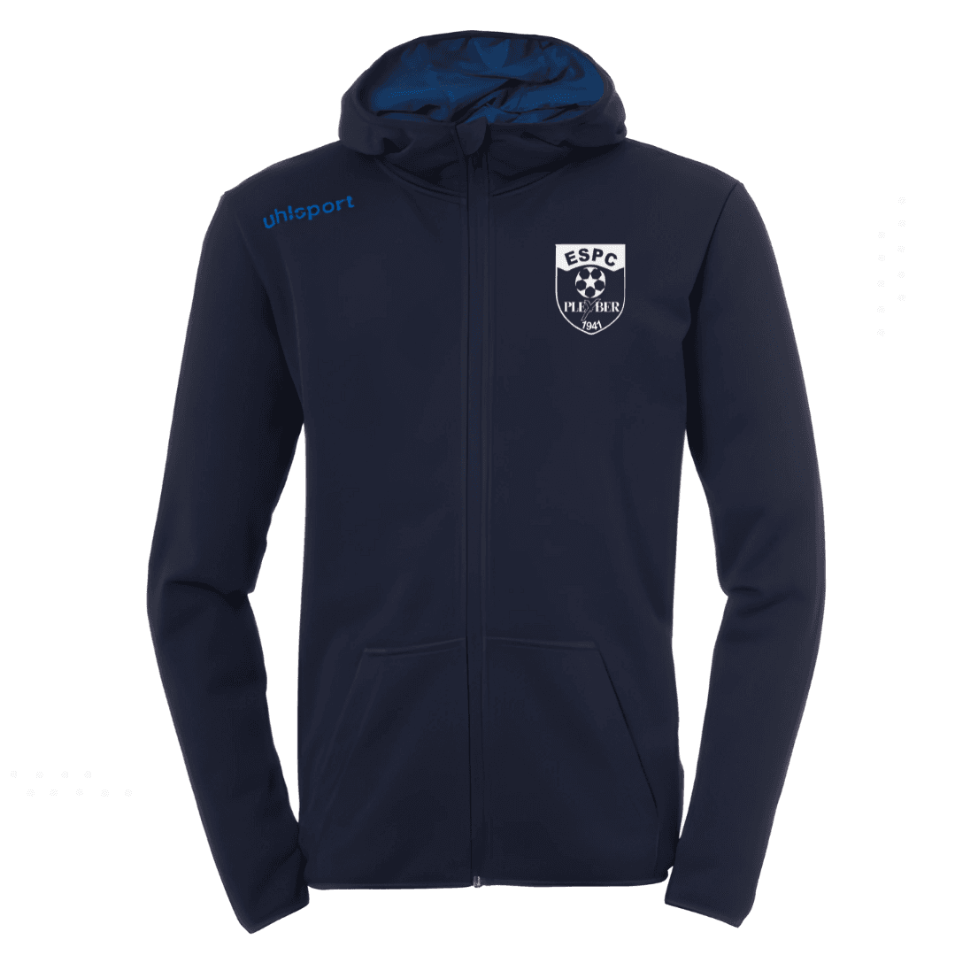 Veste zippée à capuche bleu marine avec un petit logo sur la poitrine, vue de face sur fond blanc