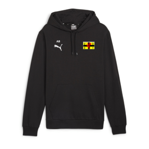 Sweat à capuche noir avec logo Puma, initiales « AB » et écusson jaune et rouge sur la poitrine