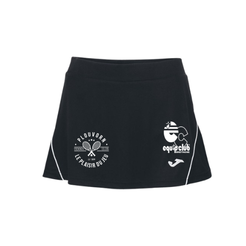 Jupe de sport noire avec logos blancs et passepoil latéral sur fond blanc uni