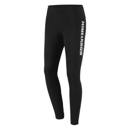 Legging de sport noir avec inscription blanche verticale sur la jambe, sur fond blanc.