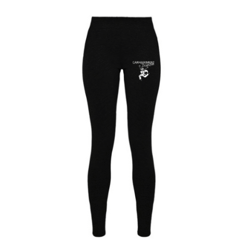 Legging noir taille haute avec un petit logo blanc sur le haut de la jambe droite