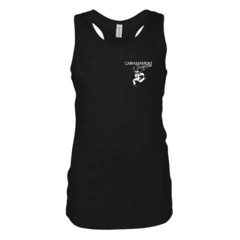 Débardeur de sport noir sans manches avec encolure découpée et petit logo blanc sur la poitrine