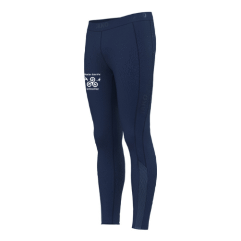 Legging de sport bleu marine avec empiècements latéraux, présenté sur fond blanc