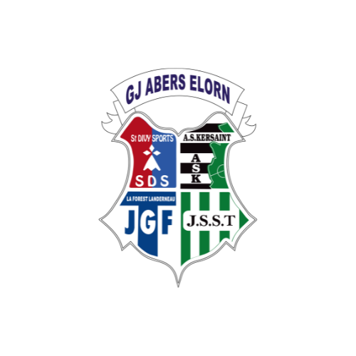 Blason de l'école portant l'inscription « GJ Abers Elorn », avec des quadrants rouges, bleus, noirs et verts.